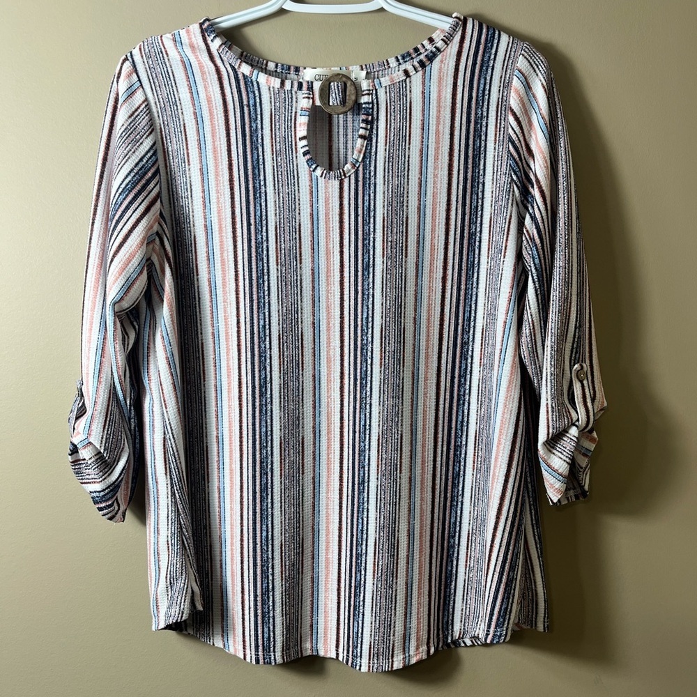 CURE PETITES Striped 3/4 Sleeve Lightweight Airy Blouse Petite Medium Boho Chic